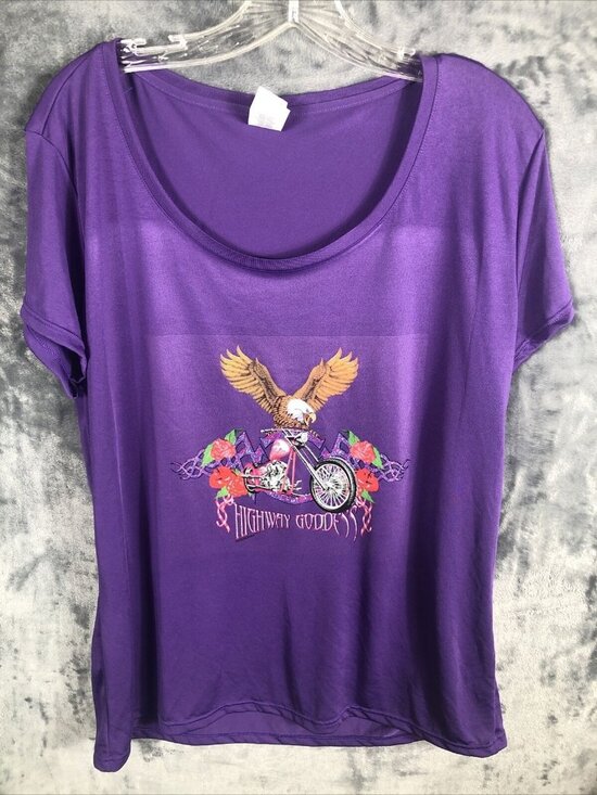 Highway Goddess Tops - Highway Goddess Purple Graphic Tee With Eagle & Motorcycle Design
